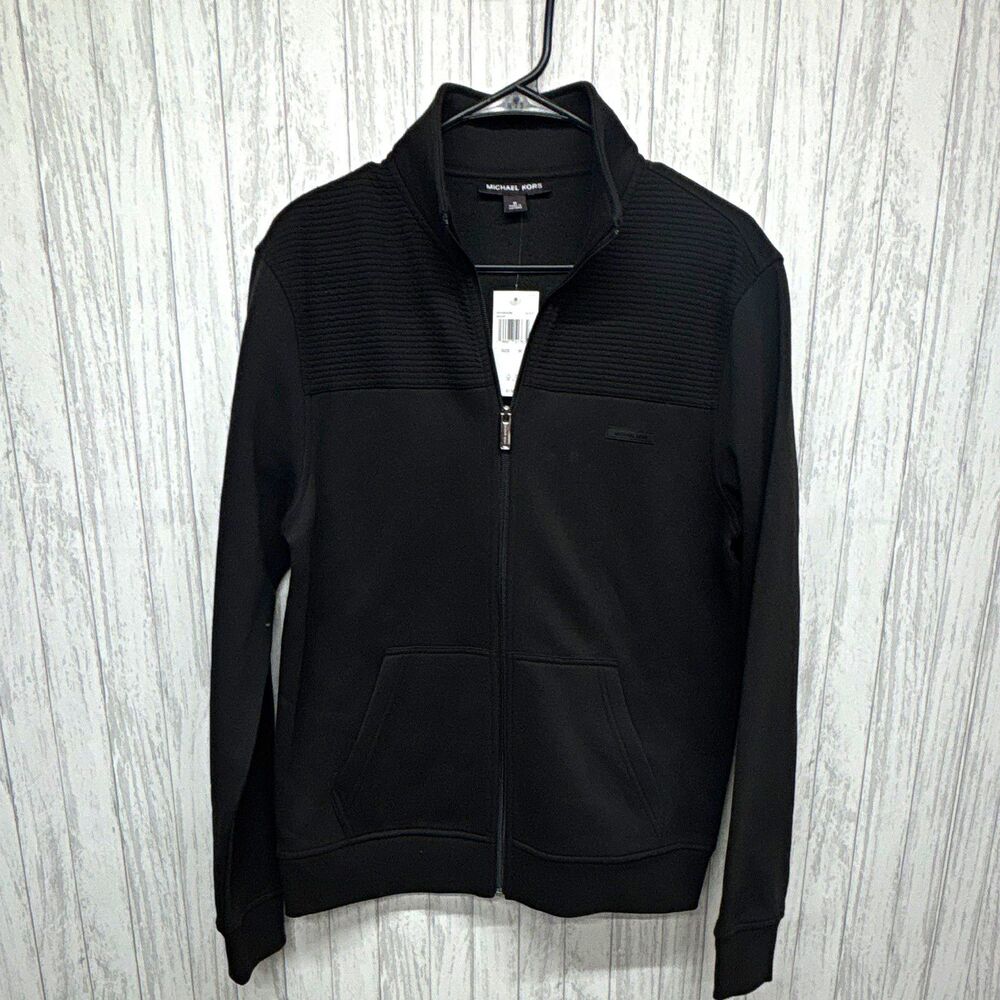 Michael Kors Mens Size M Black Full Zip Fleece Sweatshirt Mock Neck Pockets